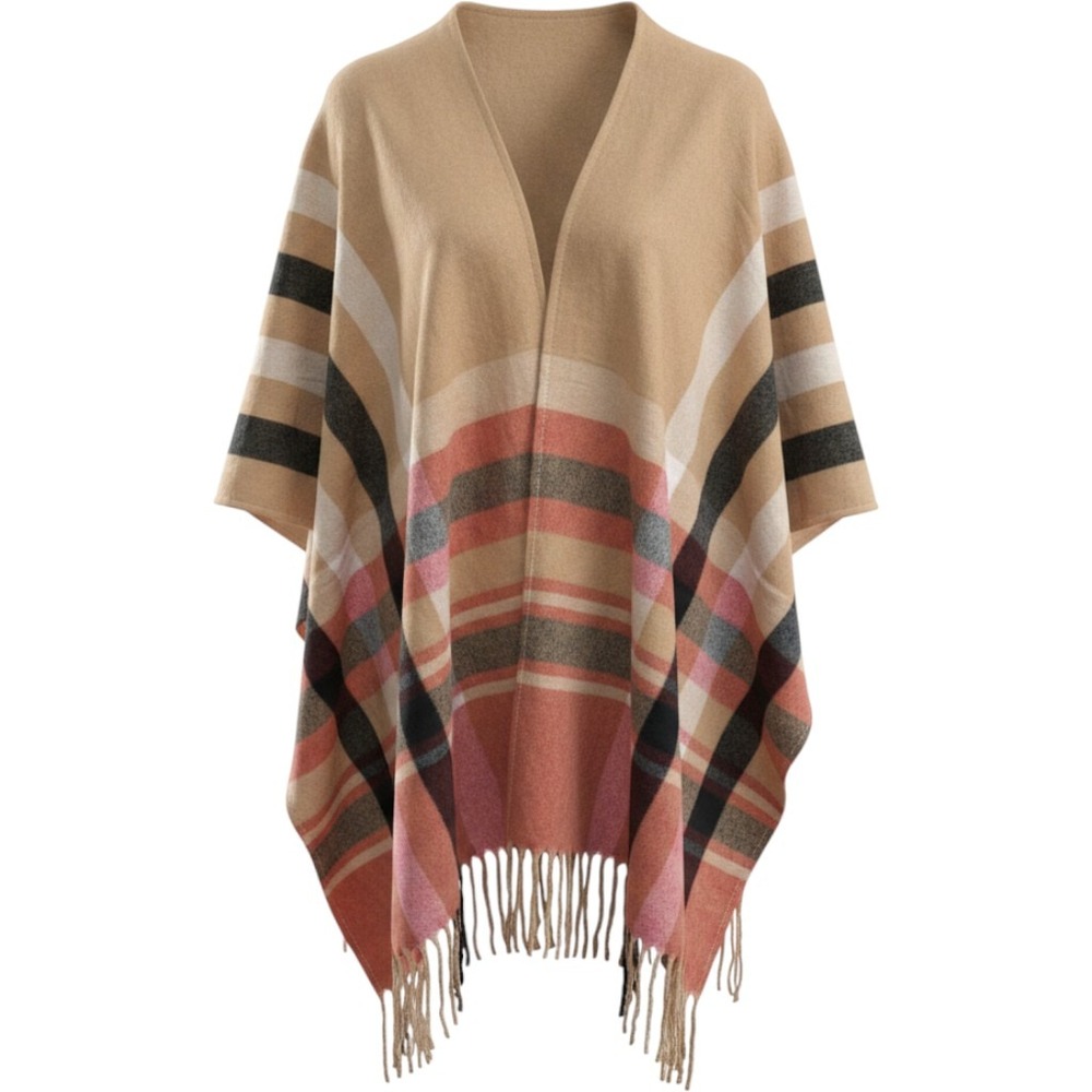 Woolrich Plaid Open Front Poncho Wrap Tan Coral Black Fringe One Size